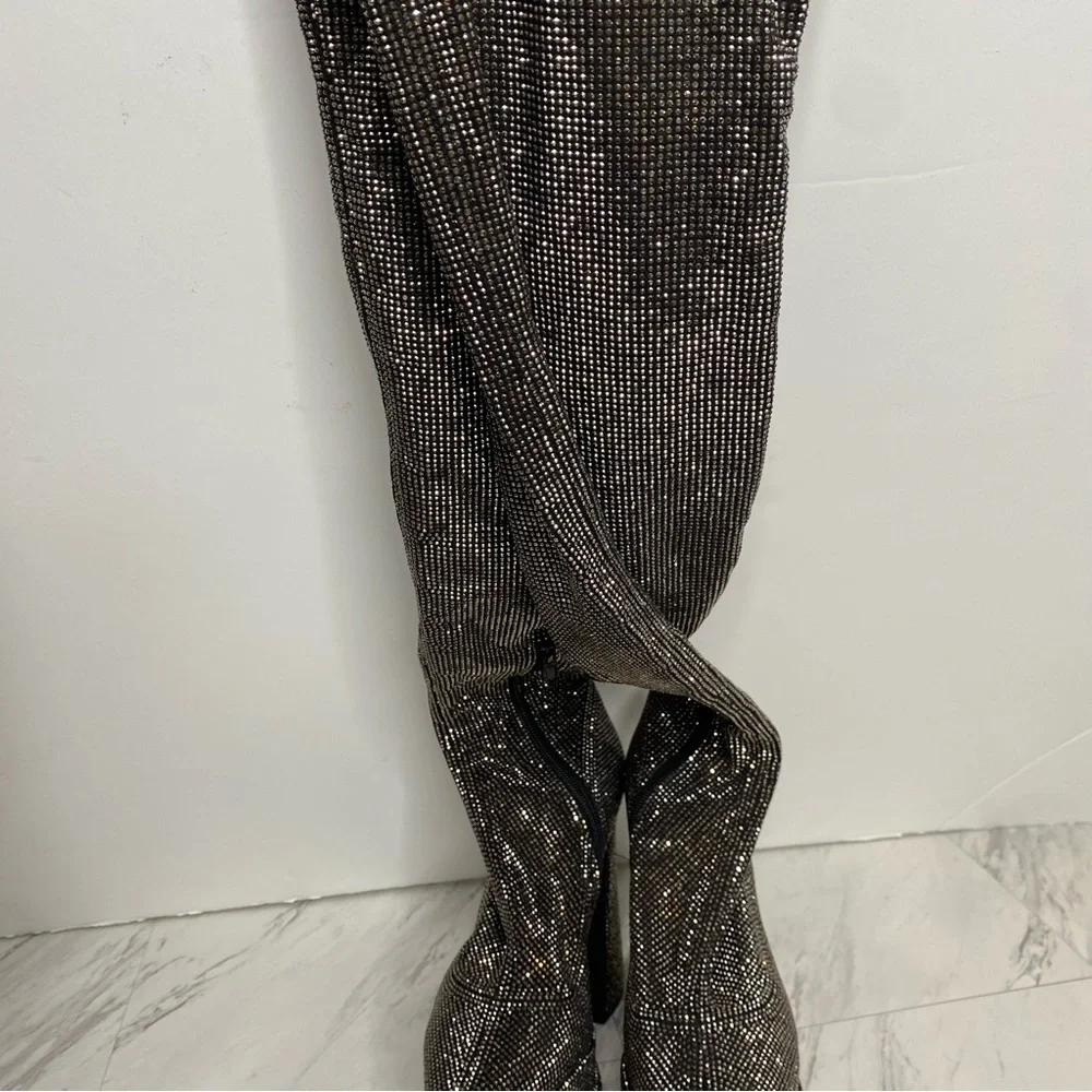 Steve Madden Sultry Rhinestone Thigh High Pointy Toe Platform Heeled Boot 8 1/2